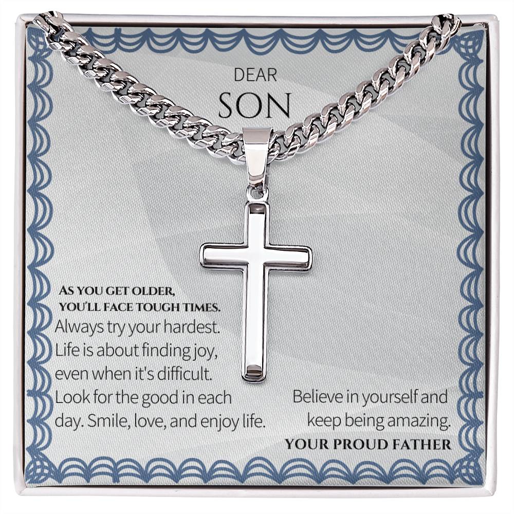 To My Son- Artisan Cross Necklace on Cuban Chain