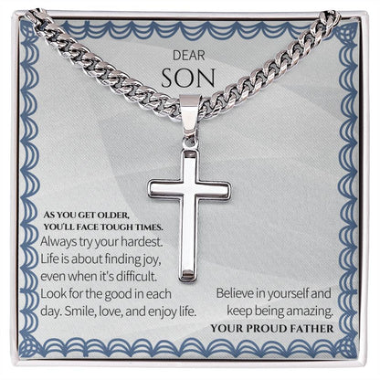 To My Son- Artisan Cross Necklace on Cuban Chain