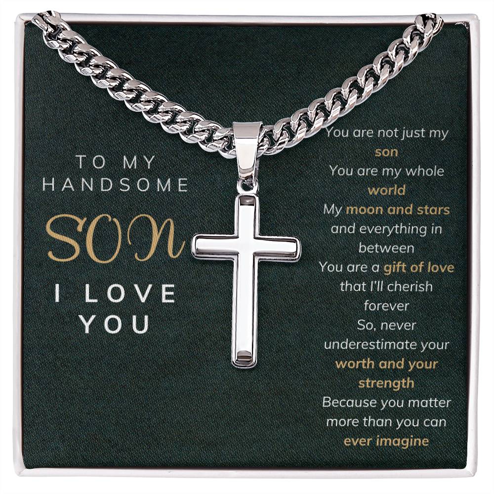To my son Artisan Cross Necklace on Cuban Chain w/ MC