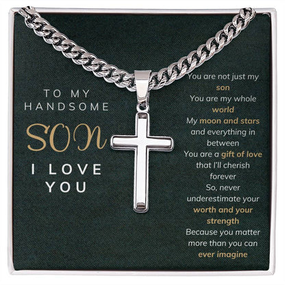 To my son Artisan Cross Necklace on Cuban Chain w/ MC
