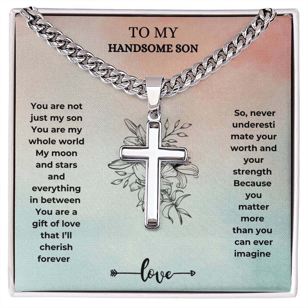 To my son Artisan Cross Necklace on Cuban Chain w/ MC
