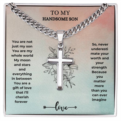 To my son Artisan Cross Necklace on Cuban Chain w/ MC