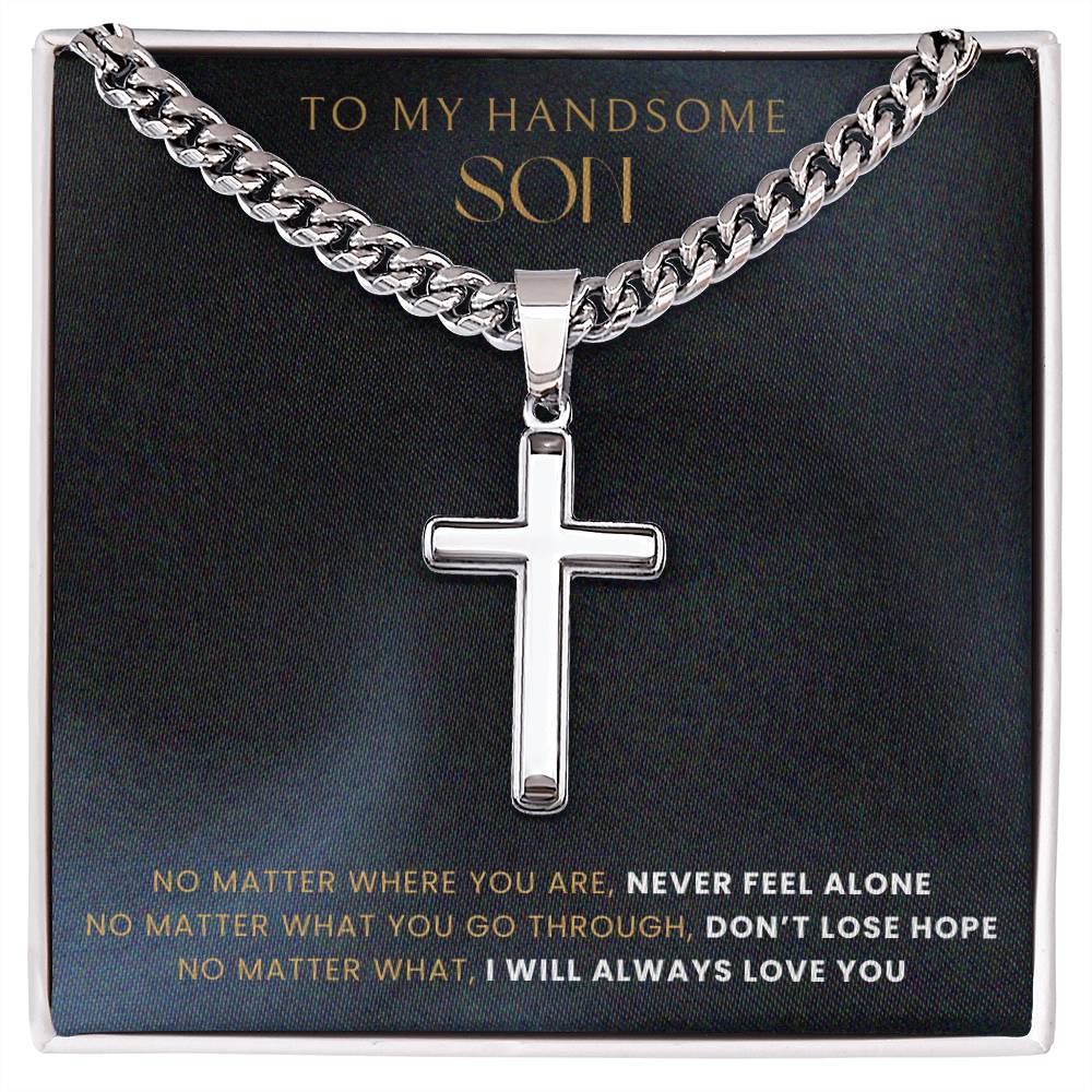 To my son Artisan Cross Necklace on Cuban Chain w/ MC