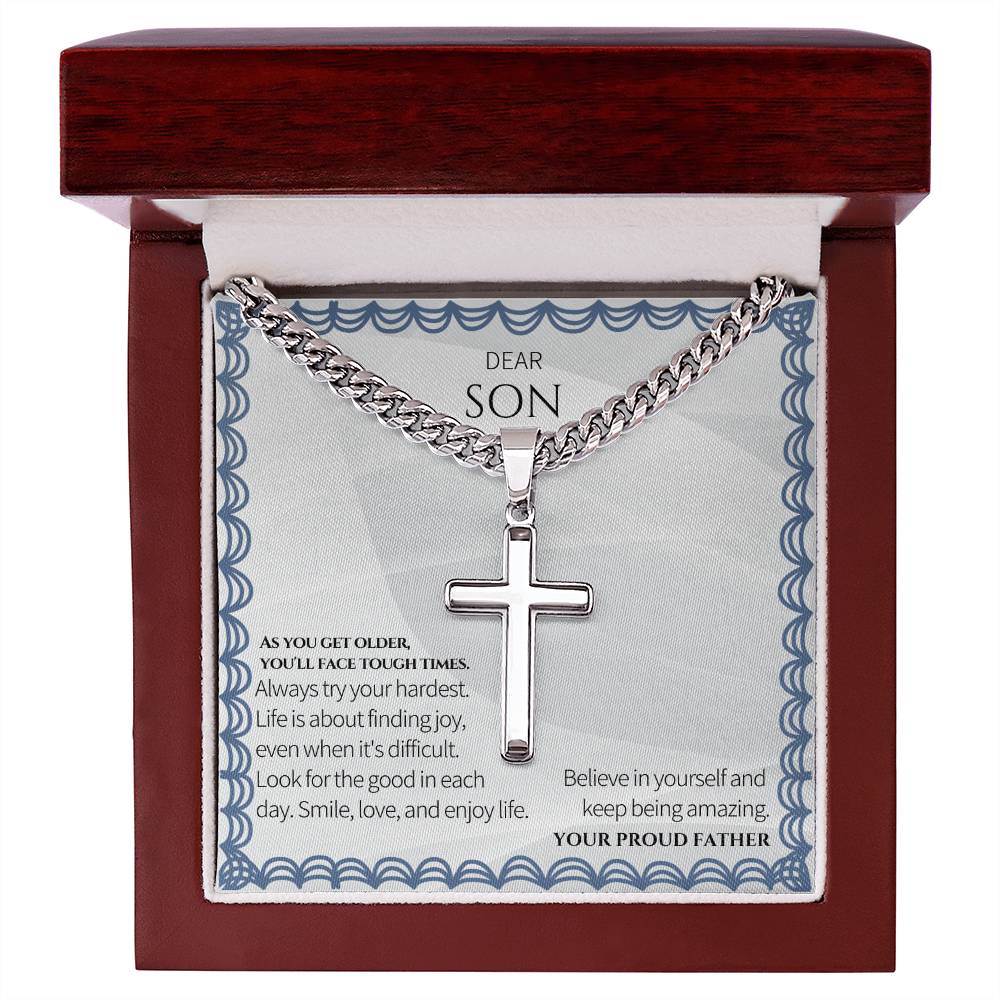 To My Son- Artisan Cross Necklace on Cuban Chain
