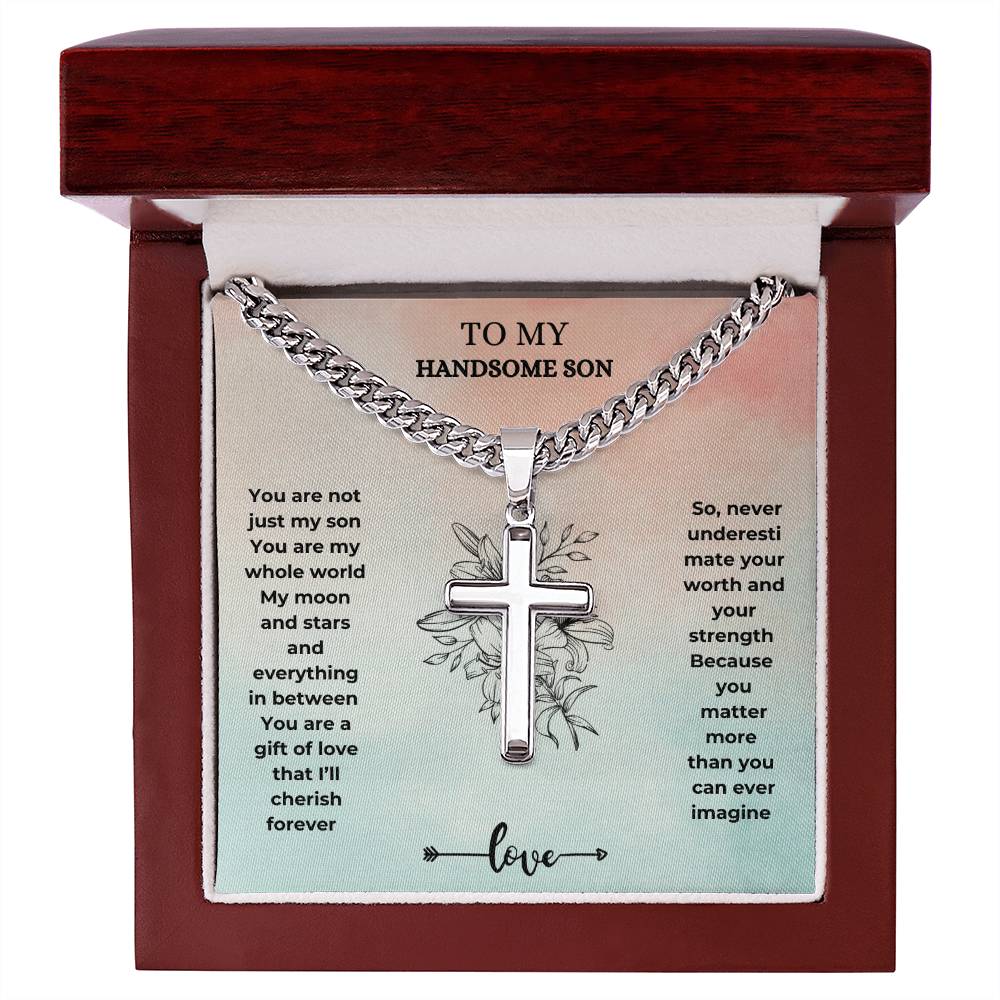 To my son Artisan Cross Necklace on Cuban Chain w/ MC