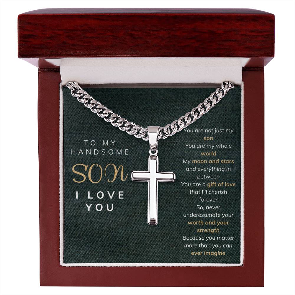 To my son Artisan Cross Necklace on Cuban Chain w/ MC
